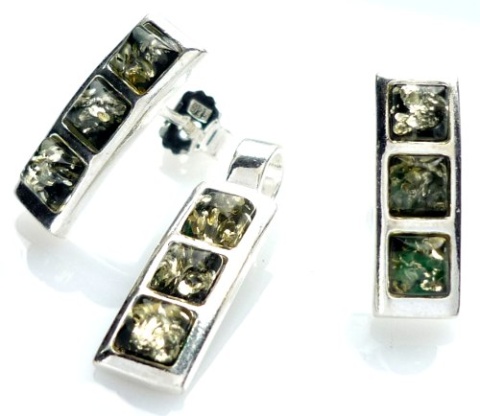 Komplet srebro bursztyn zielony kostka 4x4 sztyft Komplet srebro bursztyn zielony kostka 4x4 sztyft