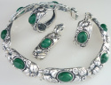KOMPLET SREBRNY retro z malachitem Powój duży